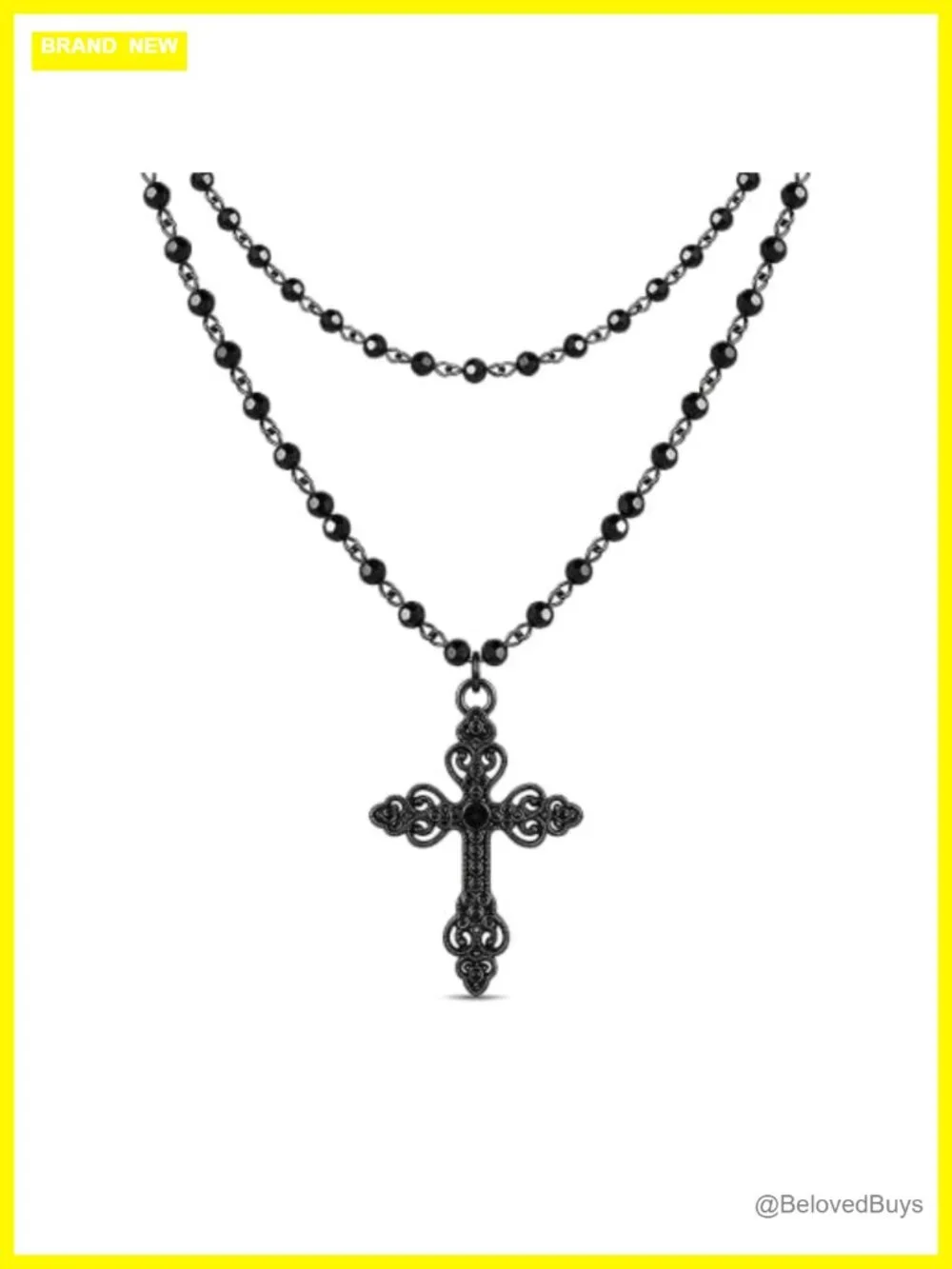 Layered Cross Pendant Necklace Rosary Beaded Chain Gothic Statement